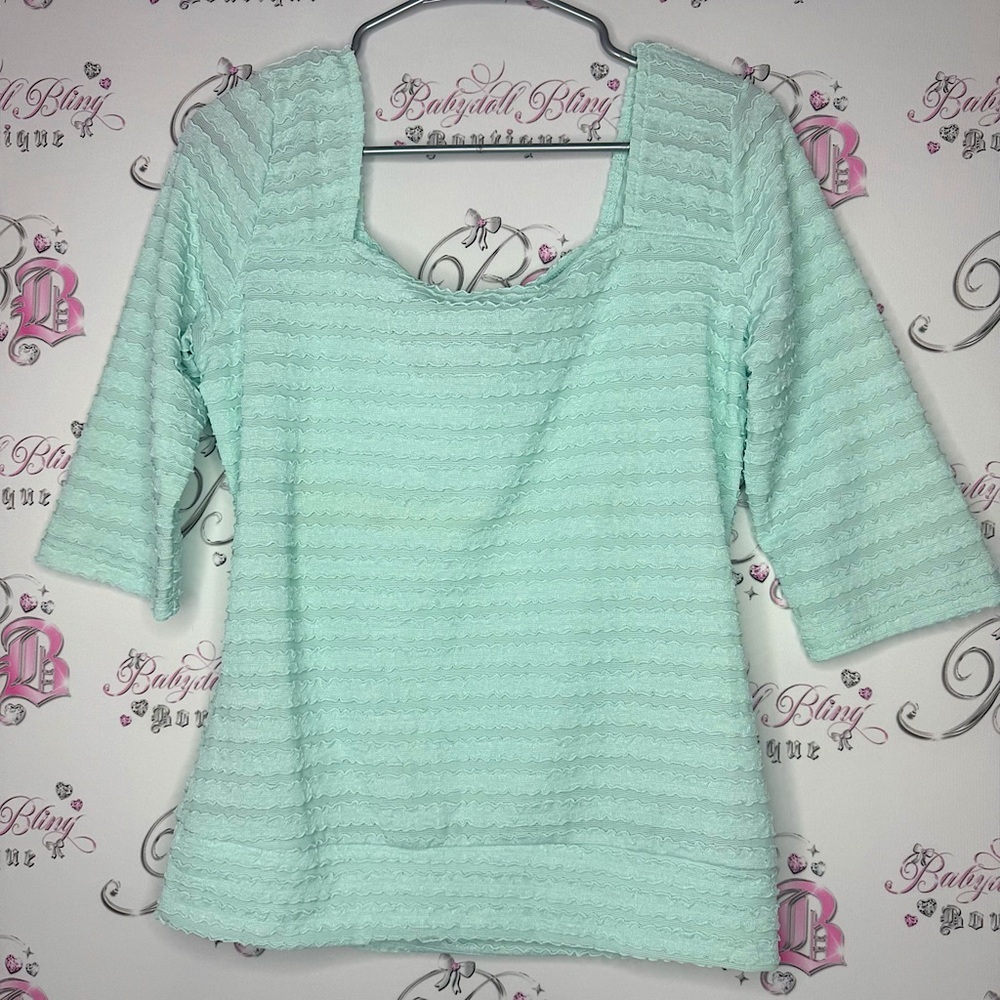 Tropical summer top 3d ruffle frilly square neckline stretchy aqua blue comfy